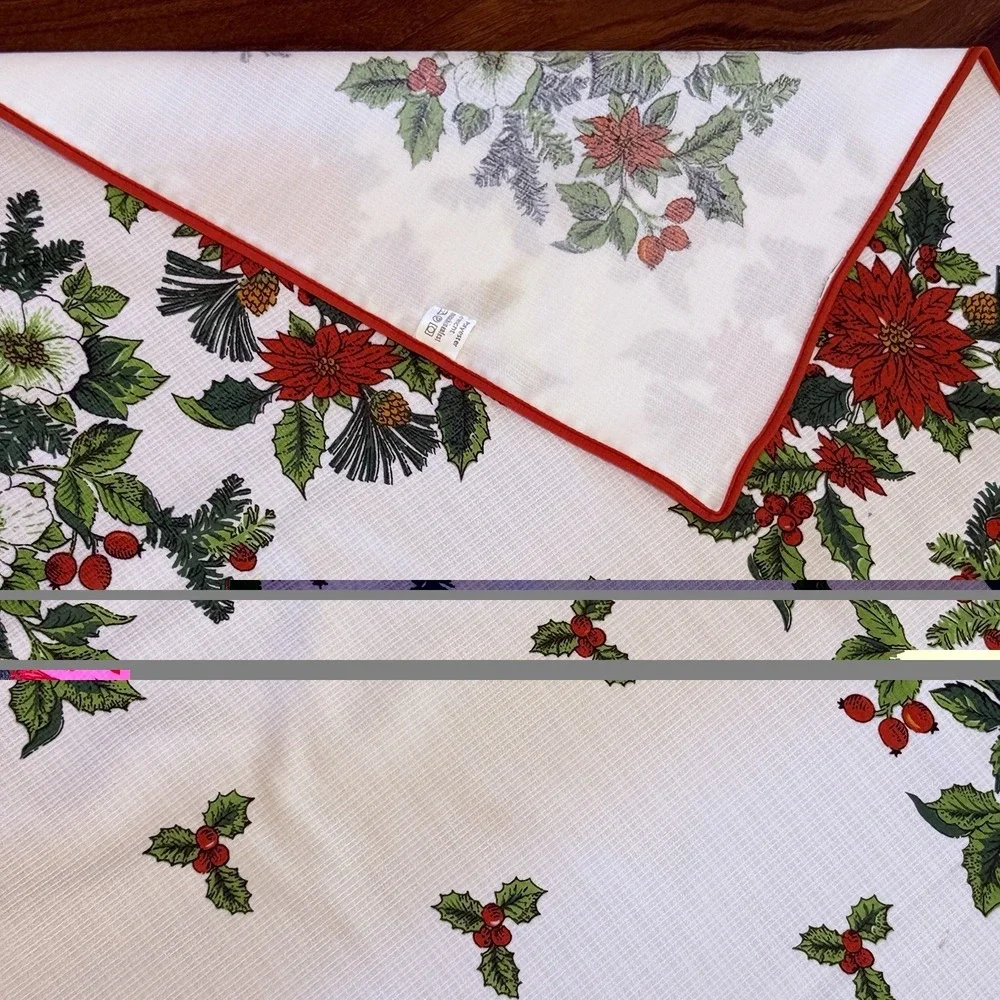 VTG Christmas Tablecloth 54x65 Poinsettia Holly Wreath Floral Holiday Red White
